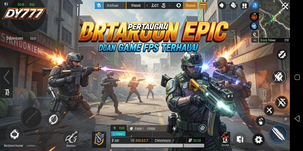 Screenshot gameplay DY777 menunjukkan aksi menegangkan dalam pertempuran FPS.